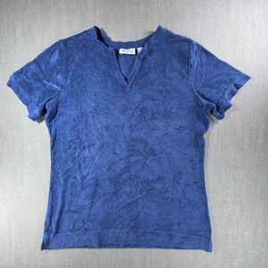 D & co. Essentials Top Women Small Blue Terry Cloth Notched V-Neck Short Sleeve
